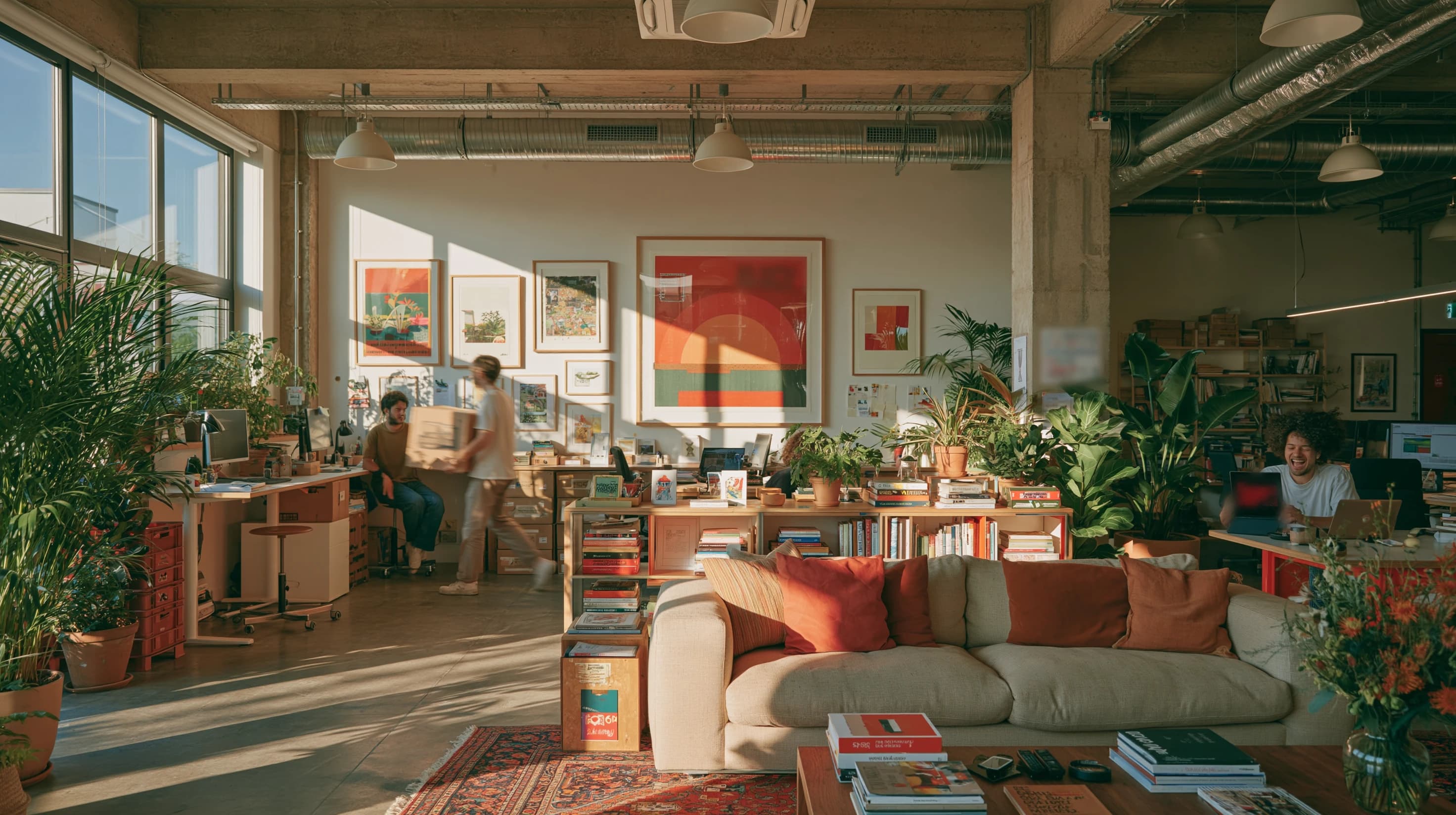 A bright open-plan office with plants and full shelves, where one colleague carries a box past a desk and another laughs at a tablet.