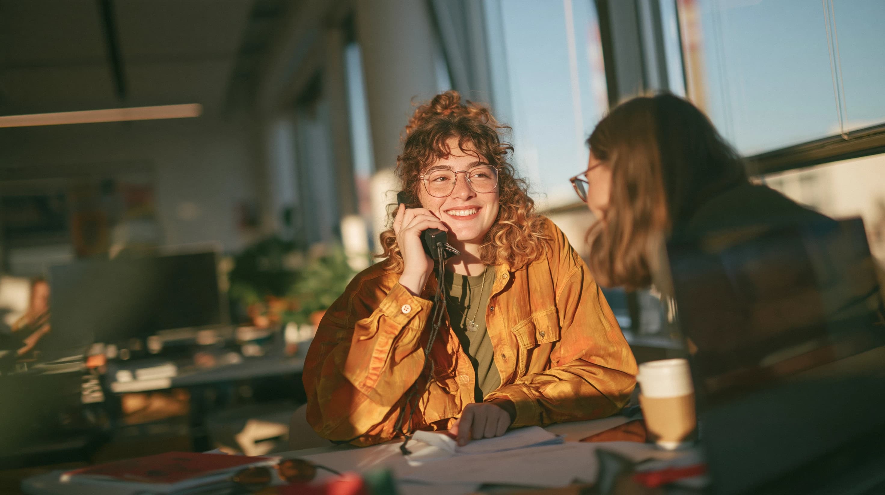 A smiling woman on the phone at her desk by a sunny window, with a colleague listening beside her.