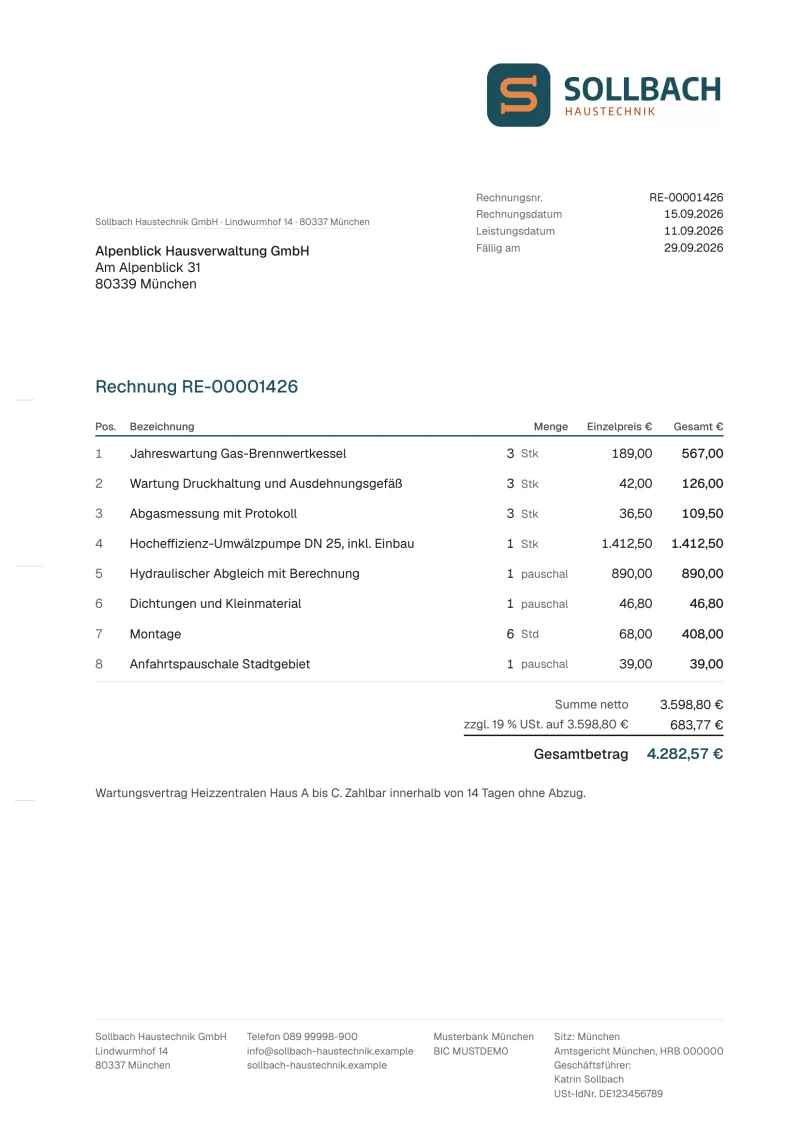 Eine Rechnung der Sollbach Haustechnik GmbH an die Alpenblick Hausverwaltung GmbH mit acht Positionen, Summe netto, 19 % Umsatzsteuer und einem Gesamtbetrag von 4.282,57 €