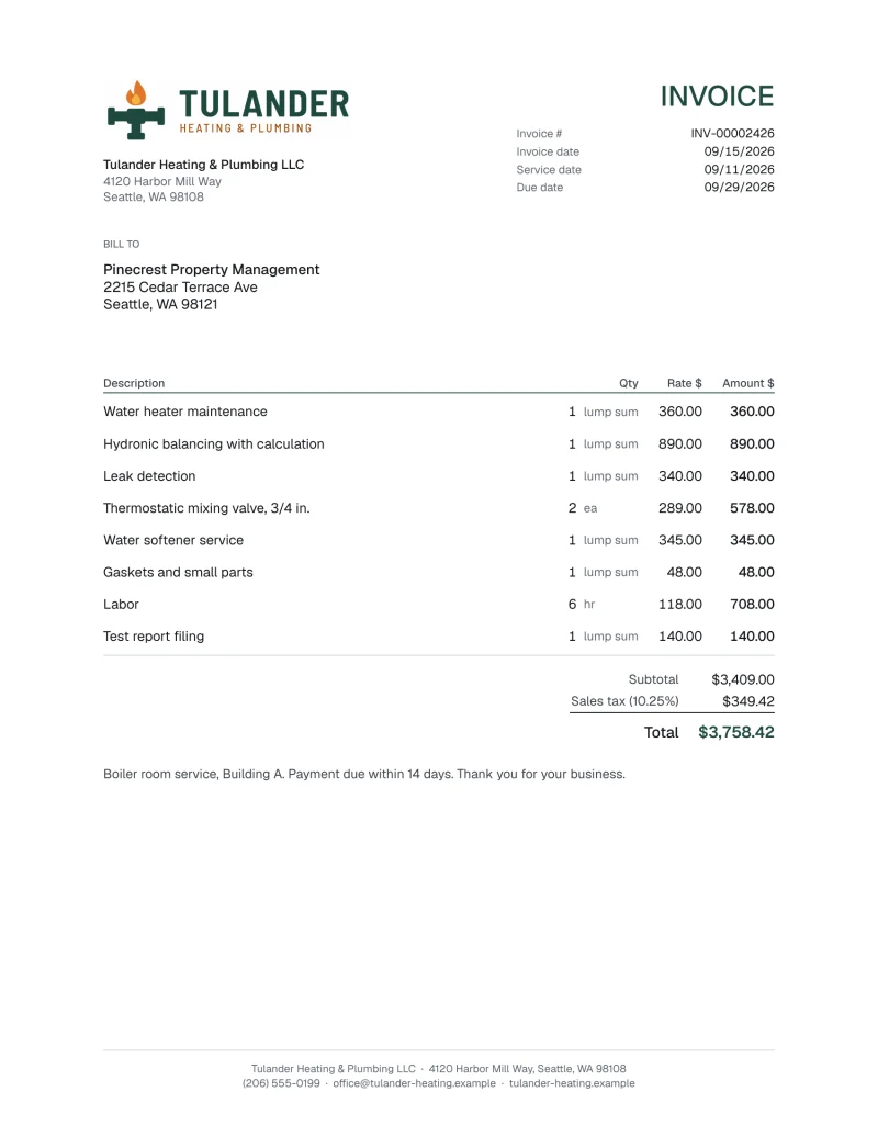 An invoice from Tulander Heating & Plumbing LLC to Pinecrest Property Management with eight line items, subtotal, sales tax of 10.25 percent and a total of $3,758.42