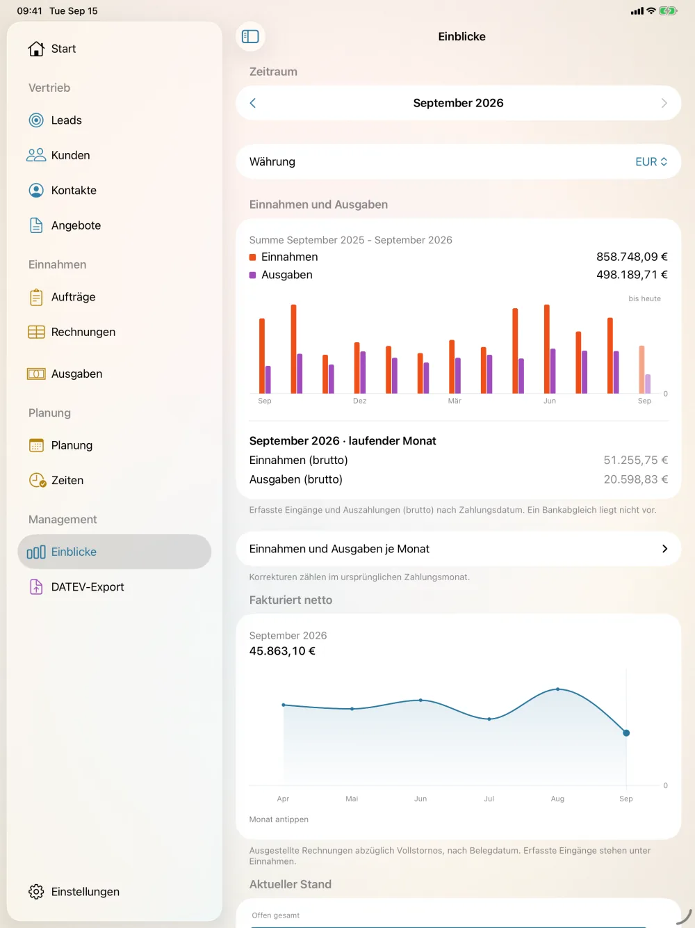 miphu auf dem iPad: Business Insights mit Einnahmen und Ausgaben je Monat und fakturiertem Nettobetrag