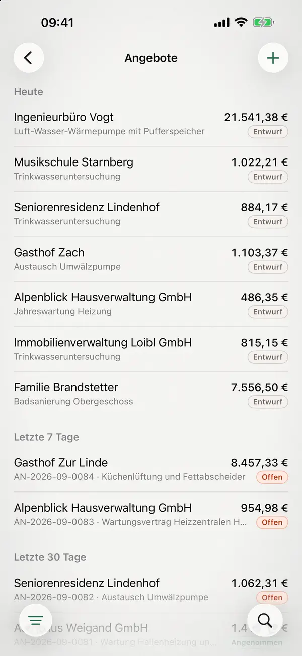 miphu auf dem iPhone: die Angebote mit Kunden, Beträgen und Status