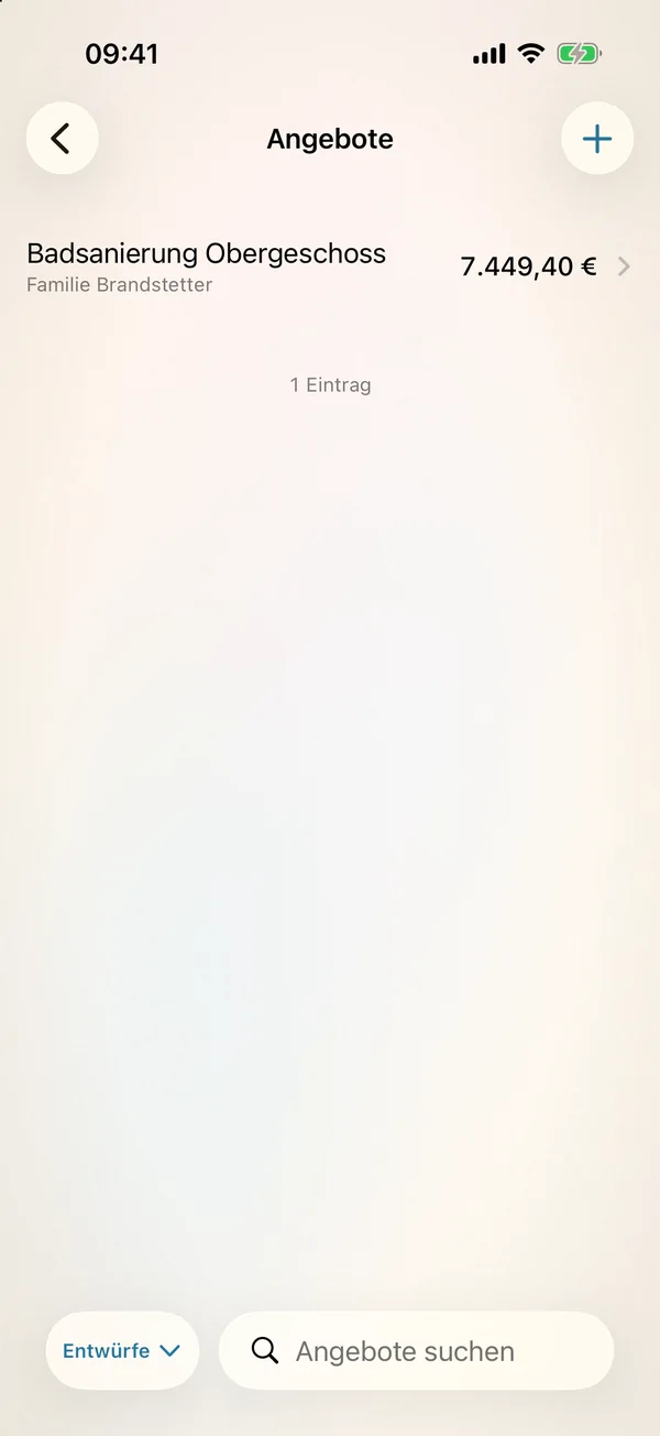 miphu auf dem iPhone: die Angebotsliste mit einem Entwurf
