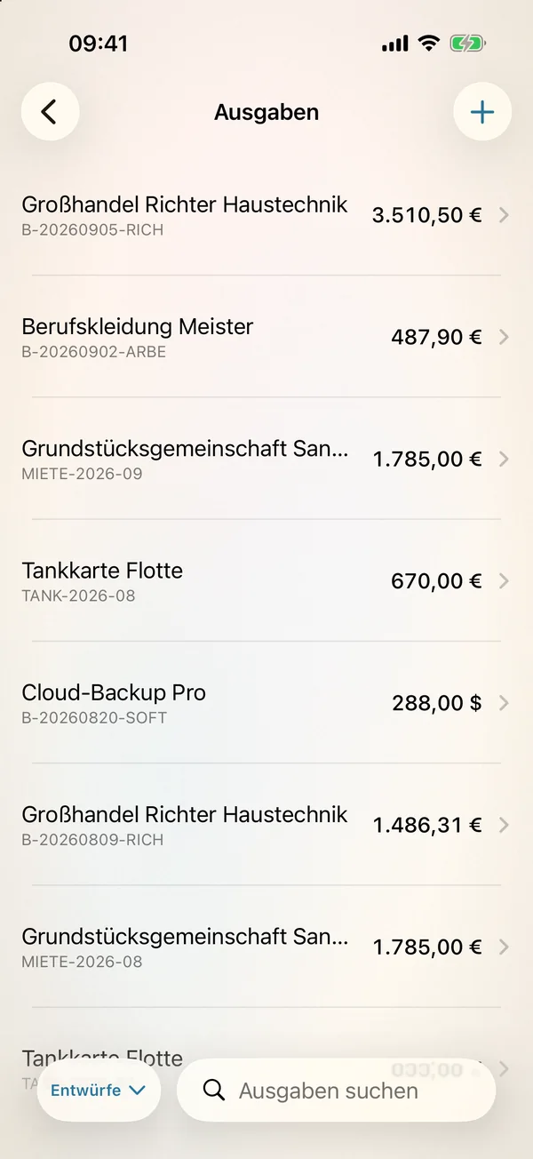miphu auf dem iPhone: die Ausgabenliste mit Belegen
