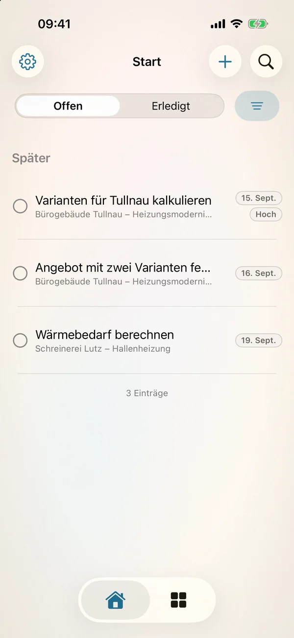 miphu auf dem iPhone: der Startbildschirm mit offenen Aufgaben und Fälligkeiten