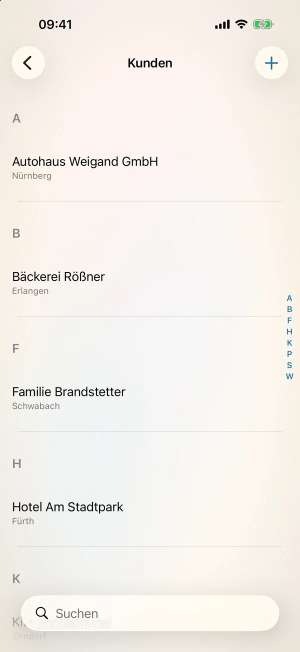 miphu auf dem iPhone: die Kundenliste von A bis Z