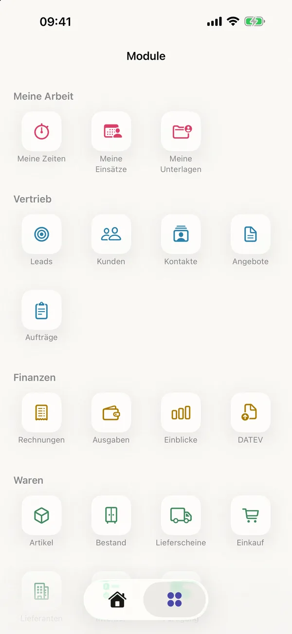 miphu auf dem iPhone: die Modulübersicht nach Meine Arbeit, Vertrieb, Finanzen und Waren