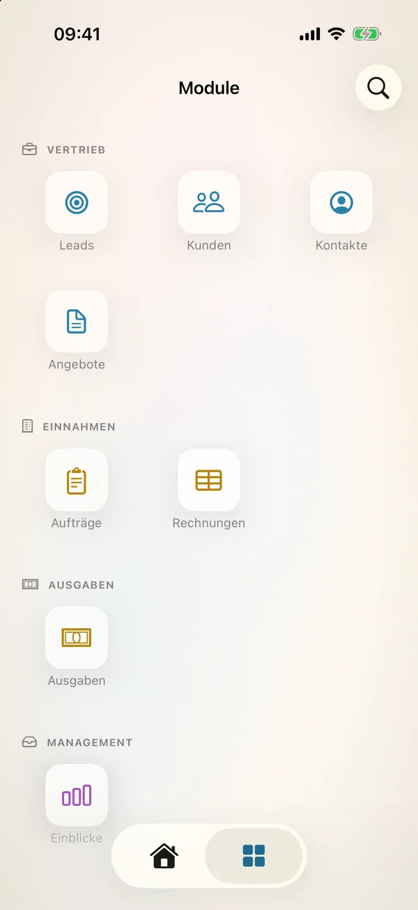 miphu auf dem iPhone: die Modulübersicht nach Bereichen