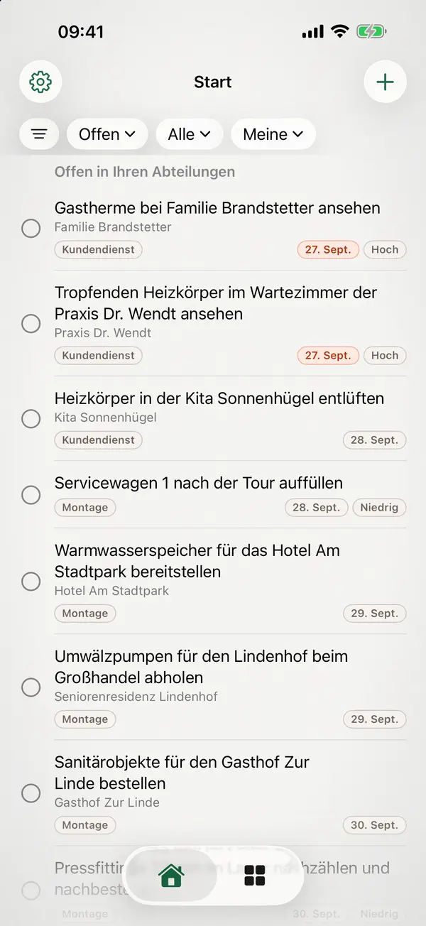 miphu auf dem iPhone: der Startbildschirm mit den offenen Aufgaben Ihrer Abteilungen und ihren Fälligkeiten