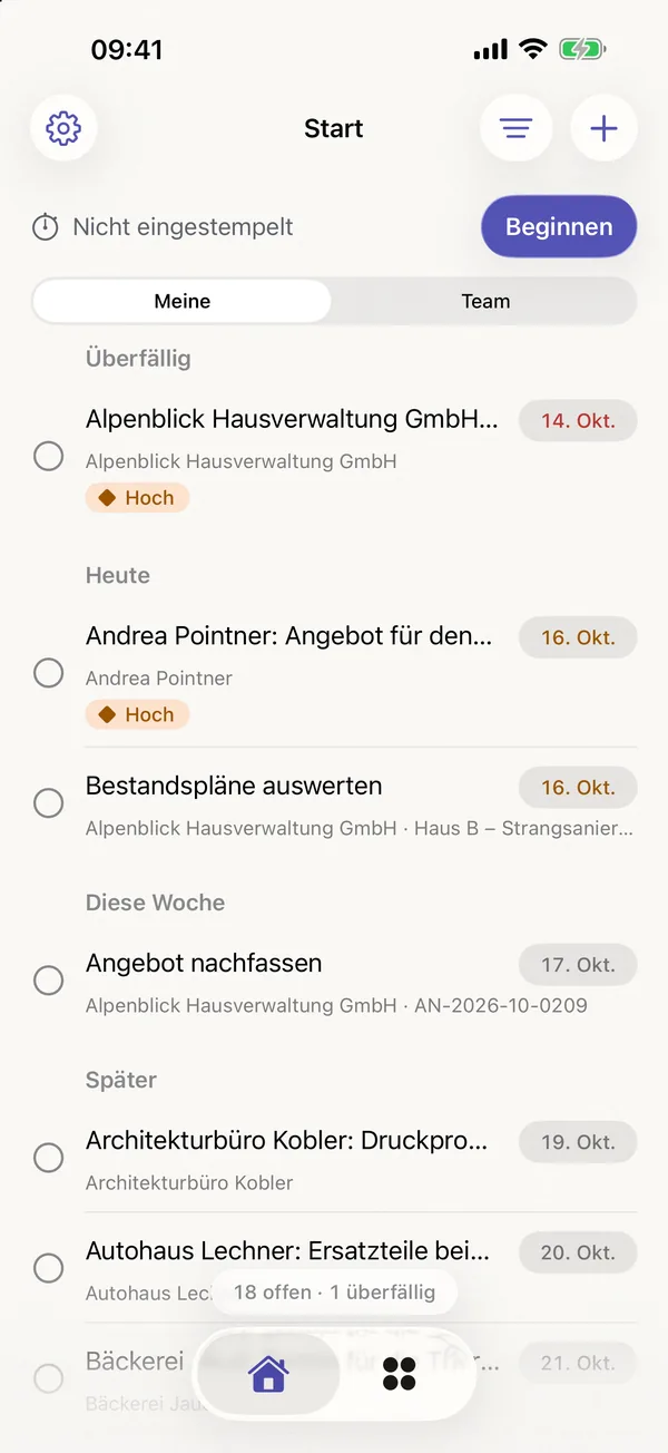 miphu auf dem iPhone: der Startbildschirm mit der Stempeluhr und den Aufgaben, die überfällig, heute, diese Woche und später fällig sind, jeweils mit Fälligkeit