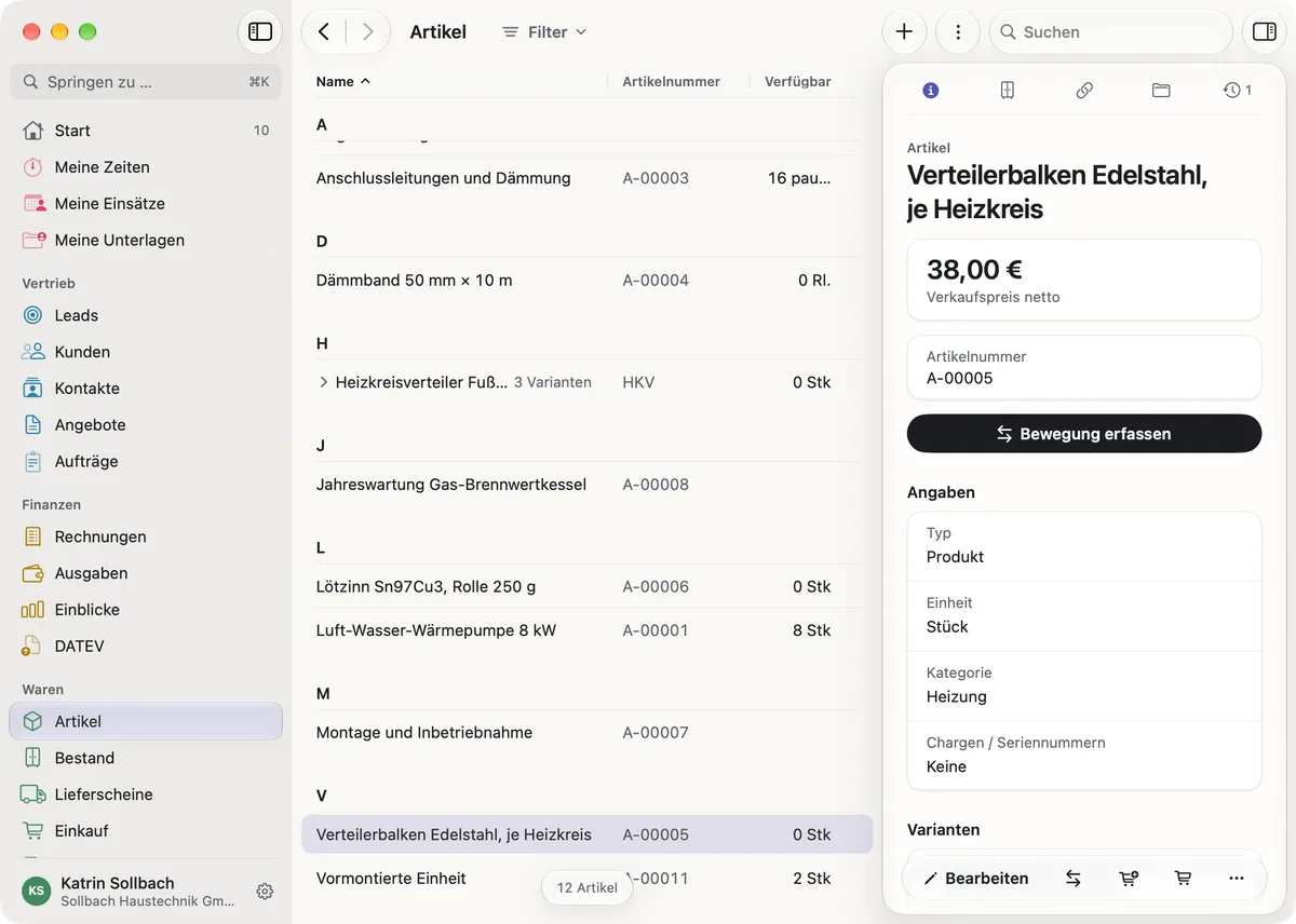 miphu auf dem Mac: die Artikelliste mit Artikelnummer und verfügbarem Bestand, daneben der Artikel Verteilerbalken Edelstahl mit Verkaufspreis, dem Knopf Bewegung erfassen und seinen Angaben