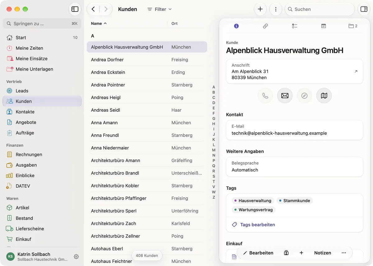 miphu auf dem Mac: die Kundenliste von A bis Z mit Ort, daneben die Alpenblick Hausverwaltung GmbH mit Anschrift, Knöpfen für E-Mail und Karte, Kontaktadresse und Tags