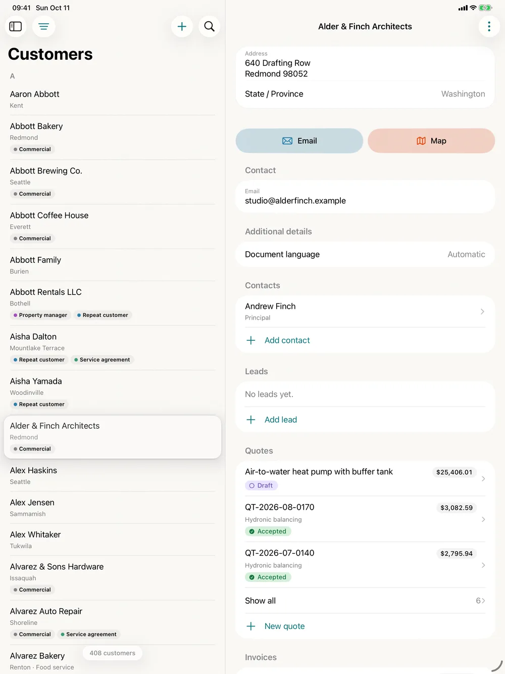 miphu on iPad: the customer list next to the opened customer Alder & Finch Architects with address, contact and three quotes with their status