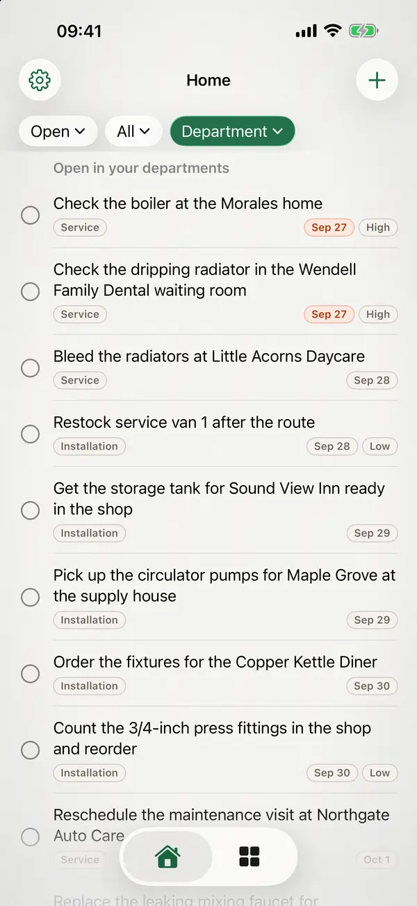 miphu on iPhone: the start screen filtered to your departments, with the open tasks given to Service and Installation