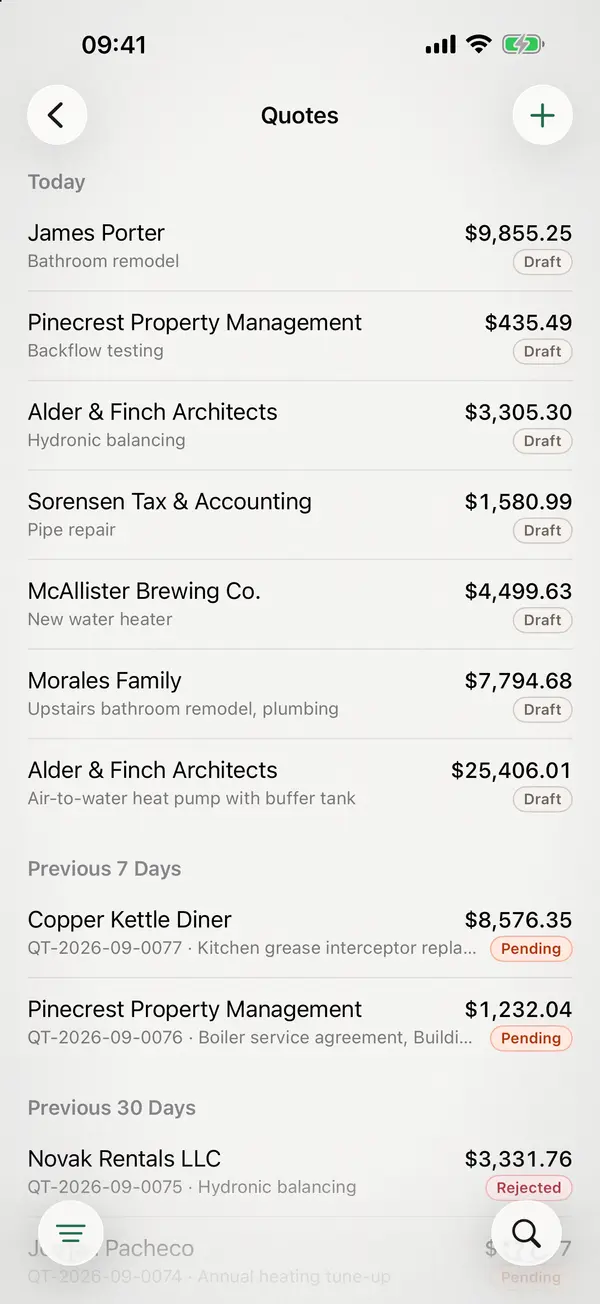 miphu on iPhone: the quotes with their customers, amounts and status