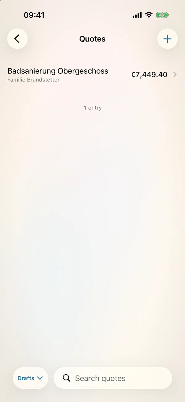 miphu on iPhone: the quote list with a draft quote