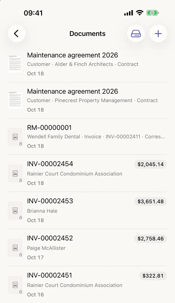 miphu on iPhone: the documents, at the top the 2026 maintenance agreements of Alder & Finch Architects and Pinecrest Property Management, then a letter about an invoice and the invoices with customer, amount and date