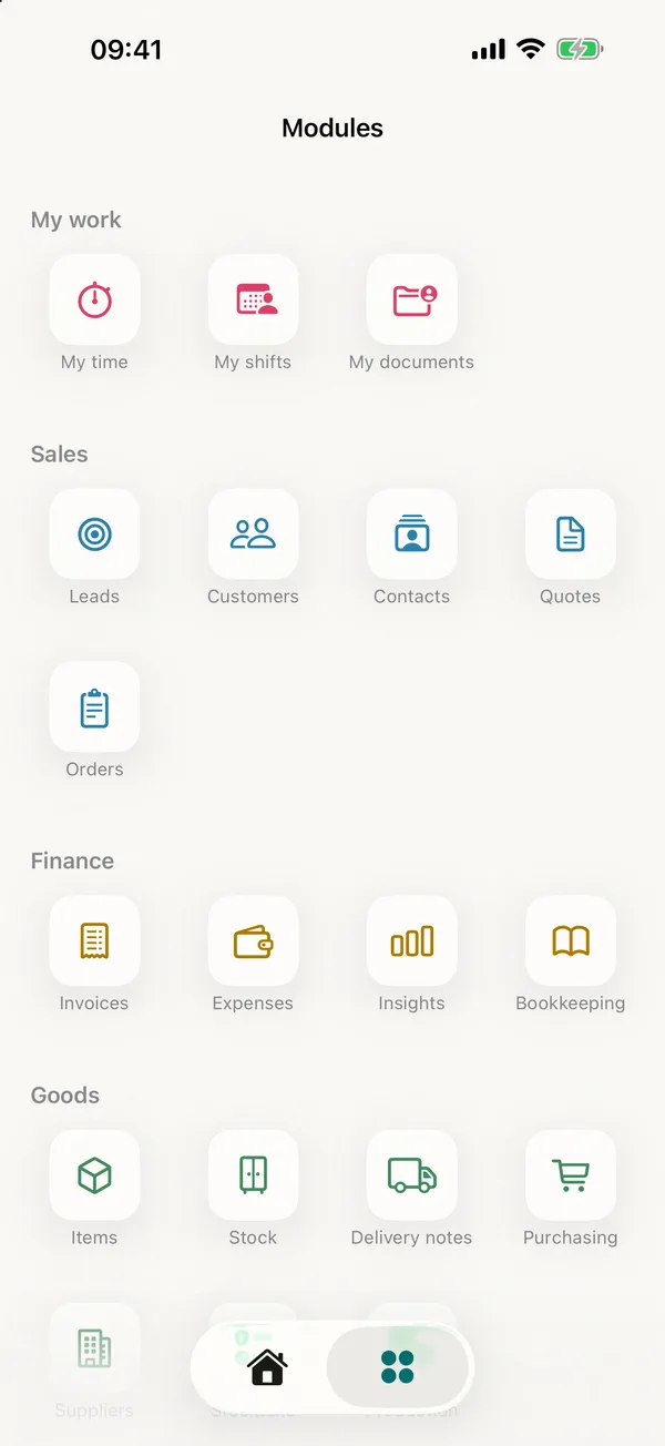 miphu on iPhone: the module overview grouped by my work, sales, finance and goods