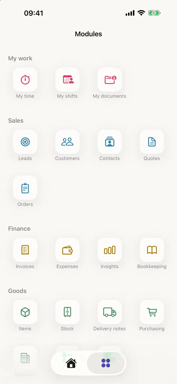 miphu on iPhone: the module overview grouped by my work, sales, finance and goods