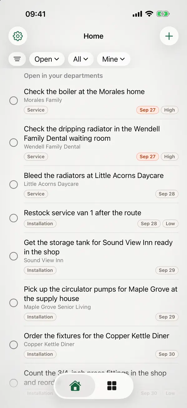 miphu on iPhone: the home screen with the open tasks of your departments and their due dates