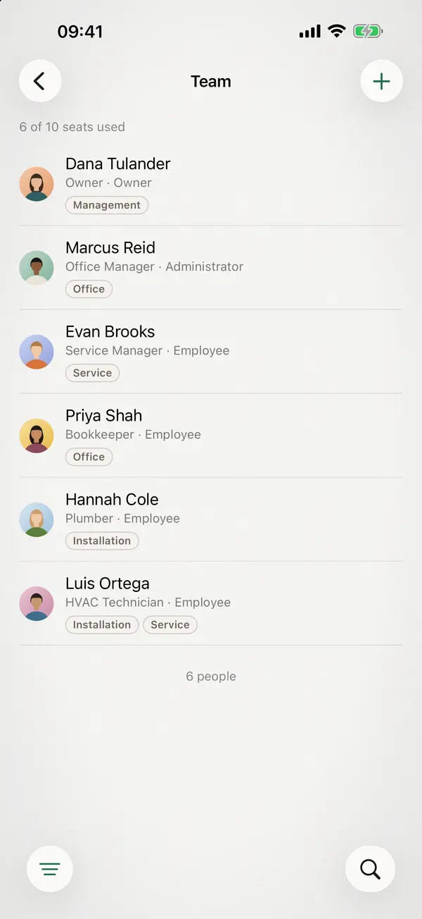 miphu on iPhone: the team, each person with position and departments