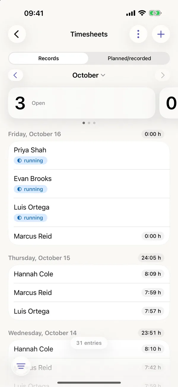miphu on iPhone: the team’s timesheets for October with three open entries, then each person’s hours per working day, on Friday with the clock still running