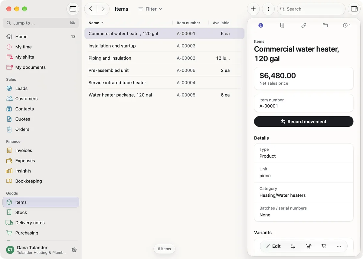 miphu on the Mac: the item list with item numbers and the quantity available, and beside it the commercial water heater with its net sales price, the button Record movement and its details