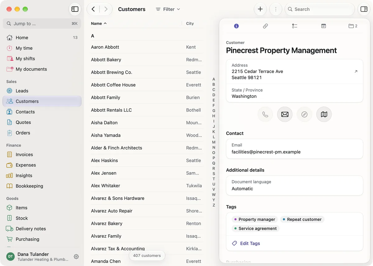 miphu on the Mac: the customer list from A to Z with the city, and beside it Pinecrest Property Management with address, buttons for email and map, contact email and tags