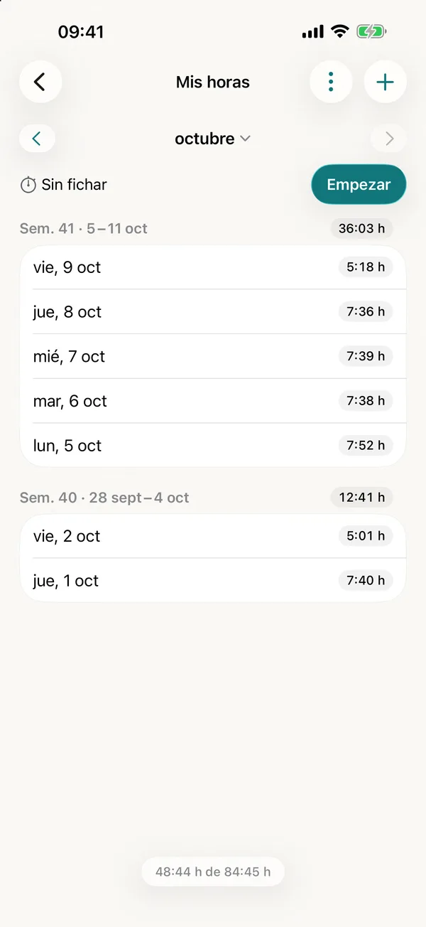 miphu en iPhone: Mis horas de octubre con el botón Empezar y las horas de cada día laborable de las semanas 41 y 40