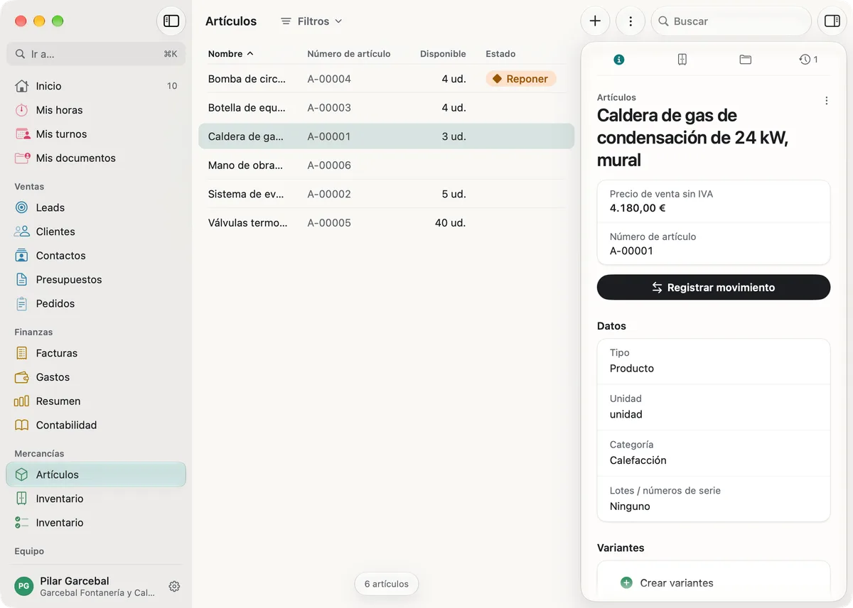 miphu en Mac: la lista de artículos con el número de artículo y la cantidad disponible y, al lado, la caldera de gas de condensación de 24 kW con su precio de venta sin IVA, el botón Registrar movimiento y sus datos