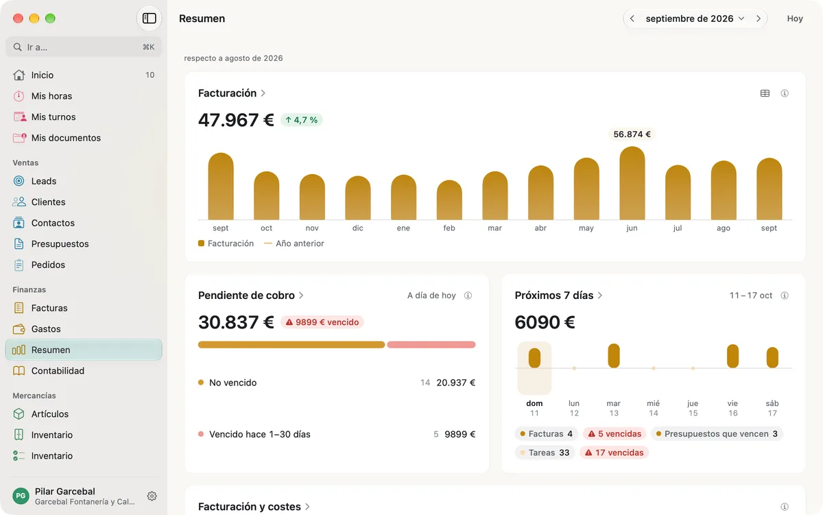 miphu en Mac: el resumen de septiembre de 2026 con la facturación por mes frente al año anterior, lo pendiente de cobro por antigüedad y los próximos 7 días