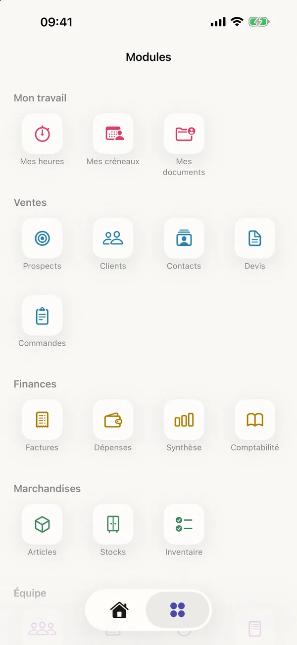 miphu sur iPhone : la vue des modules, classés en Mon travail, Ventes, Finances et Marchandises
