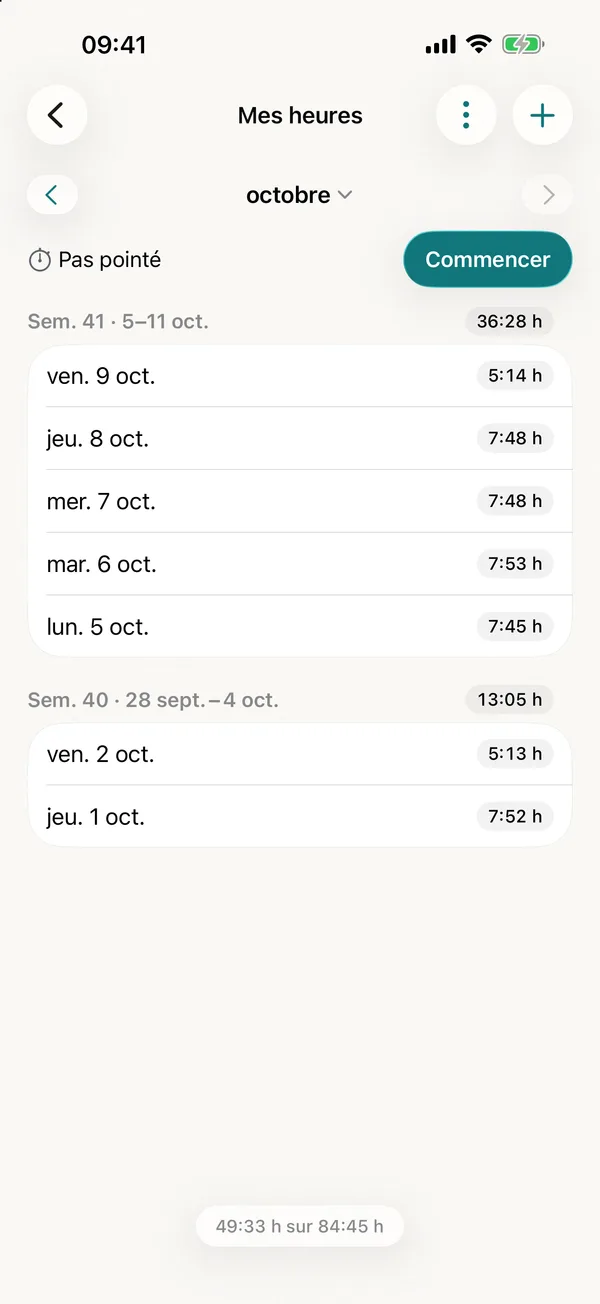miphu sur iPhone : Mes heures en octobre avec le bouton Commencer et les heures de chaque jour travaillé des semaines 41 et 40