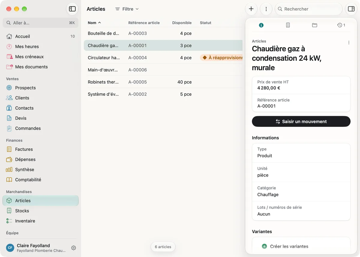 miphu sur Mac : la liste des articles avec la référence et la quantité disponible, et à côté la chaudière gaz à condensation 24 kW murale avec son prix de vente HT, le bouton Saisir un mouvement et ses informations