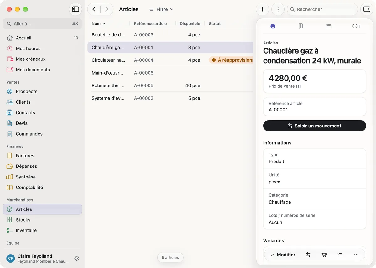miphu sur Mac : la liste des articles avec la référence et la quantité disponible, et à côté la chaudière gaz à condensation 24 kW murale avec son prix de vente HT, le bouton Saisir un mouvement et ses informations