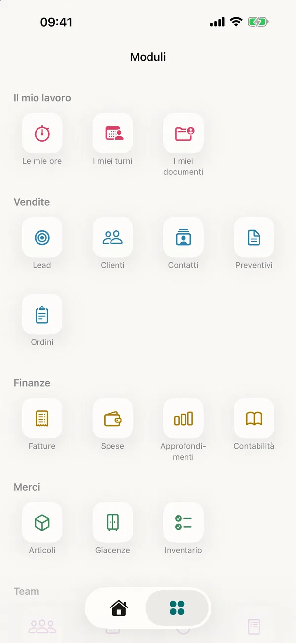 miphu su iPhone: la panoramica dei moduli, divisi in Il mio lavoro, Vendite, Finanze e Merci