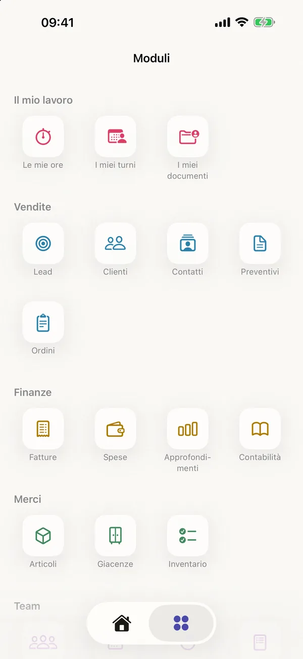 miphu su iPhone: la panoramica dei moduli, divisi in Il mio lavoro, Vendite, Finanze e Merci
