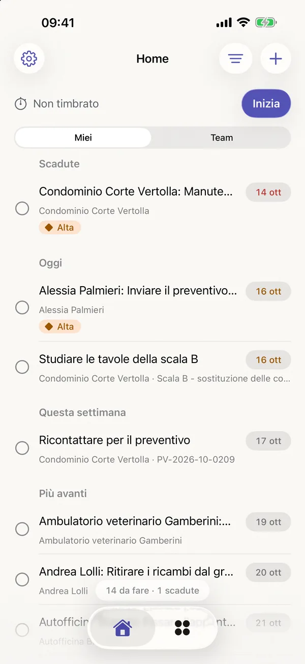miphu su iPhone: la Home con la timbratura e le attività scadute, di oggi, di questa settimana e successive, ognuna con la sua scadenza