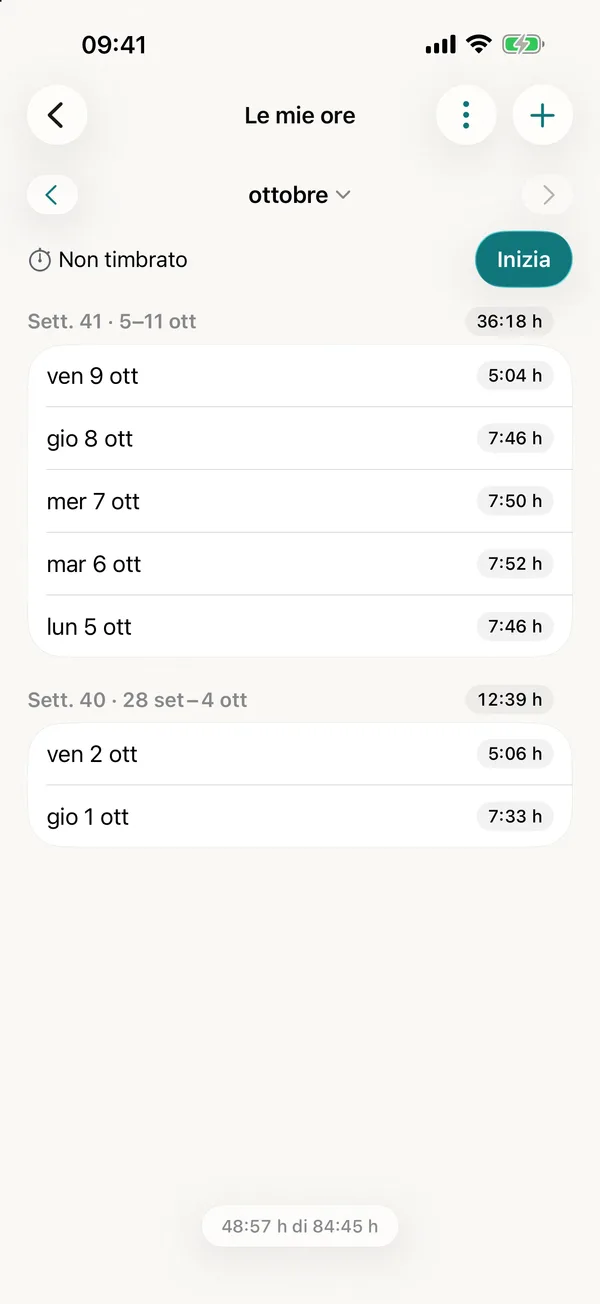 miphu su iPhone: Le mie ore di ottobre con il pulsante Inizia e le ore di ogni giorno lavorativo delle settimane 41 e 40