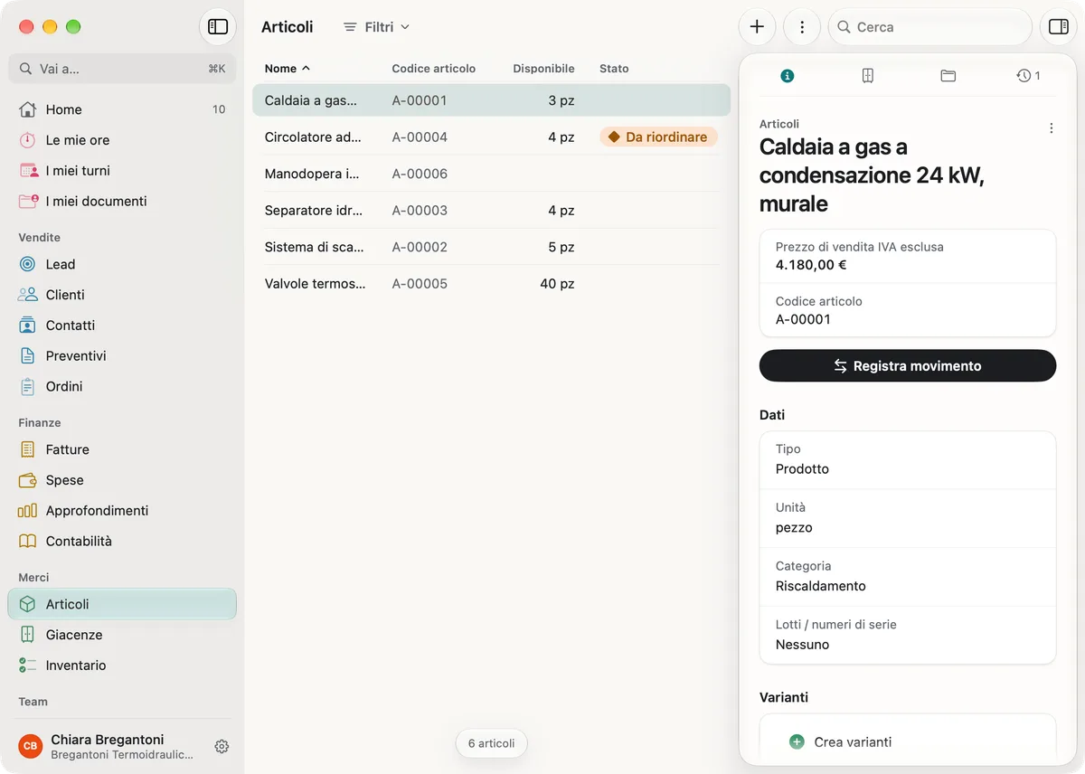 miphu su Mac: l’elenco articoli con il codice articolo e la quantità disponibile e, accanto, la caldaia a gas a condensazione 24 kW con il prezzo di vendita IVA esclusa, il pulsante Registra movimento e i suoi dati