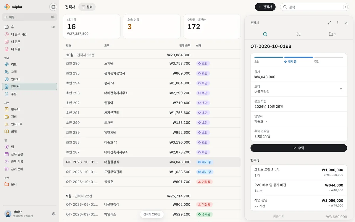브라우저의 miphu: 대기 중, 다시 연락할, 승인된 견적서 목록. 그 옆에 대기 중인 견적서의 고객, 승인 버튼, 품목