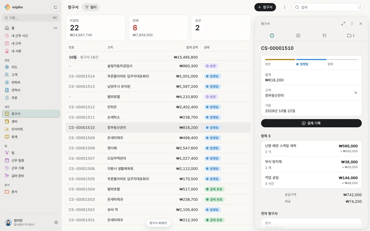 브라우저의 miphu: 미결제, 기한 초과, 초안 건수가 있는 청구서 목록. 그 옆에 발행된 청구서의 합계, 결제를 기록하는 버튼, 품목
