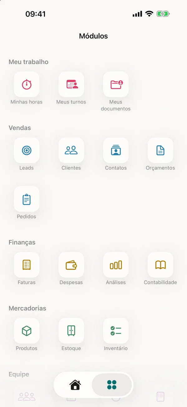 miphu no iPhone: a visão dos módulos, divididos em Meu trabalho, Vendas, Finanças e Mercadorias