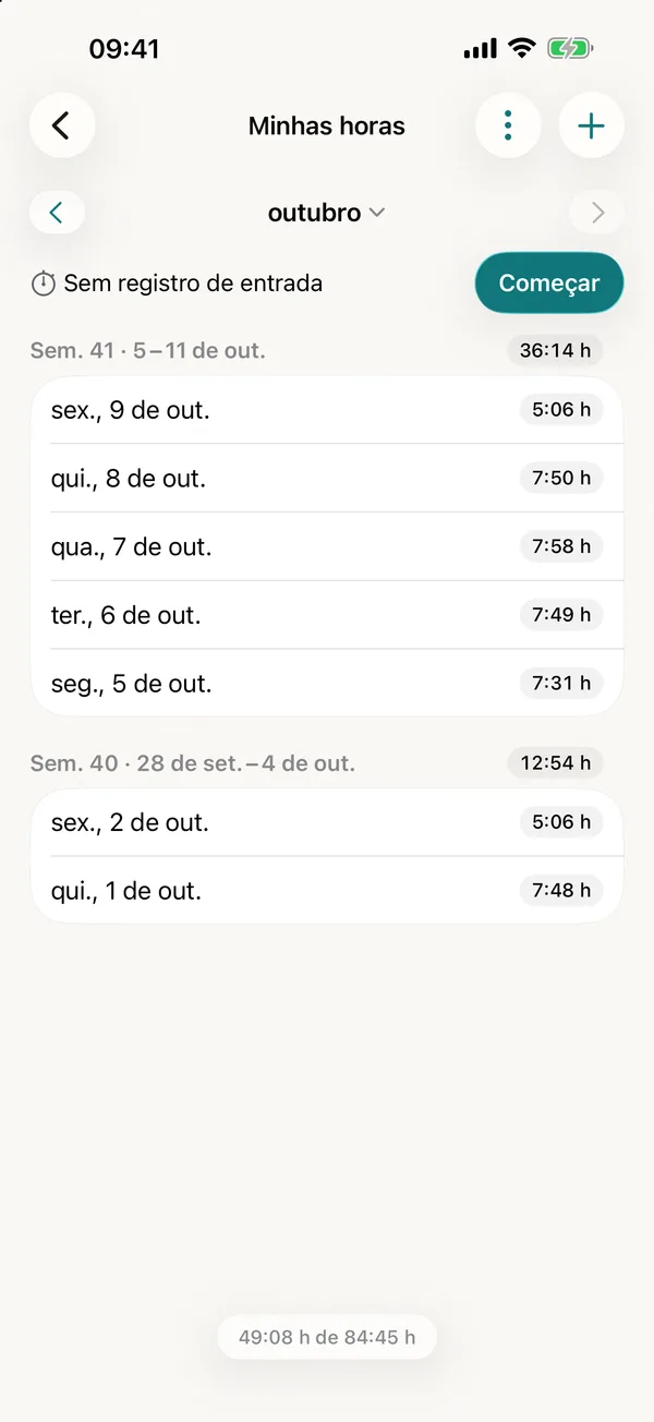 miphu no iPhone: Minhas horas em outubro com o botão Começar e as horas de cada dia de trabalho das semanas 41 e 40