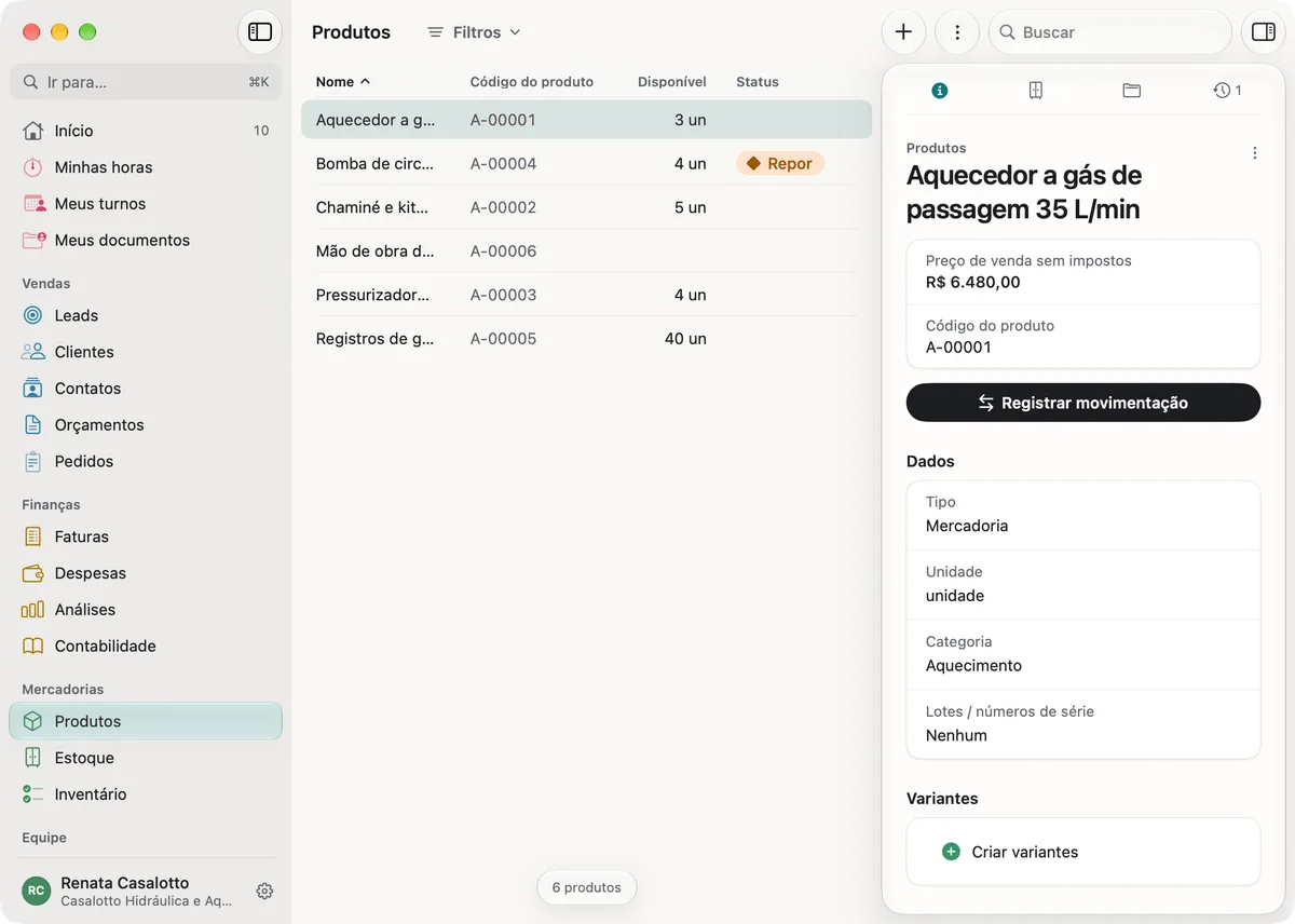 miphu no Mac: a lista de produtos com o código do produto e a quantidade disponível e, ao lado, o aquecedor a gás de passagem 35 L/min com o preço de venda sem impostos, o botão Registrar movimentação e seus dados