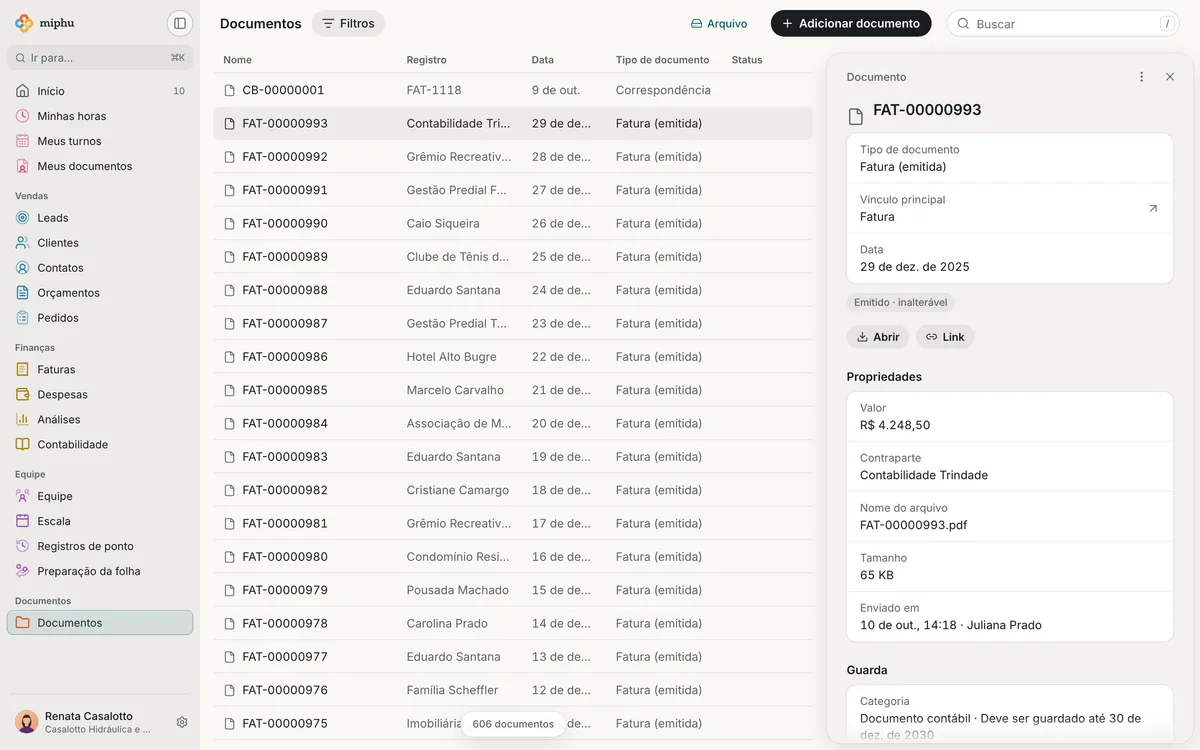 miphu no navegador: os documentos com a referência, a data e o tipo e, ao lado, uma fatura emitida em PDF com suas propriedades e o prazo de guarda